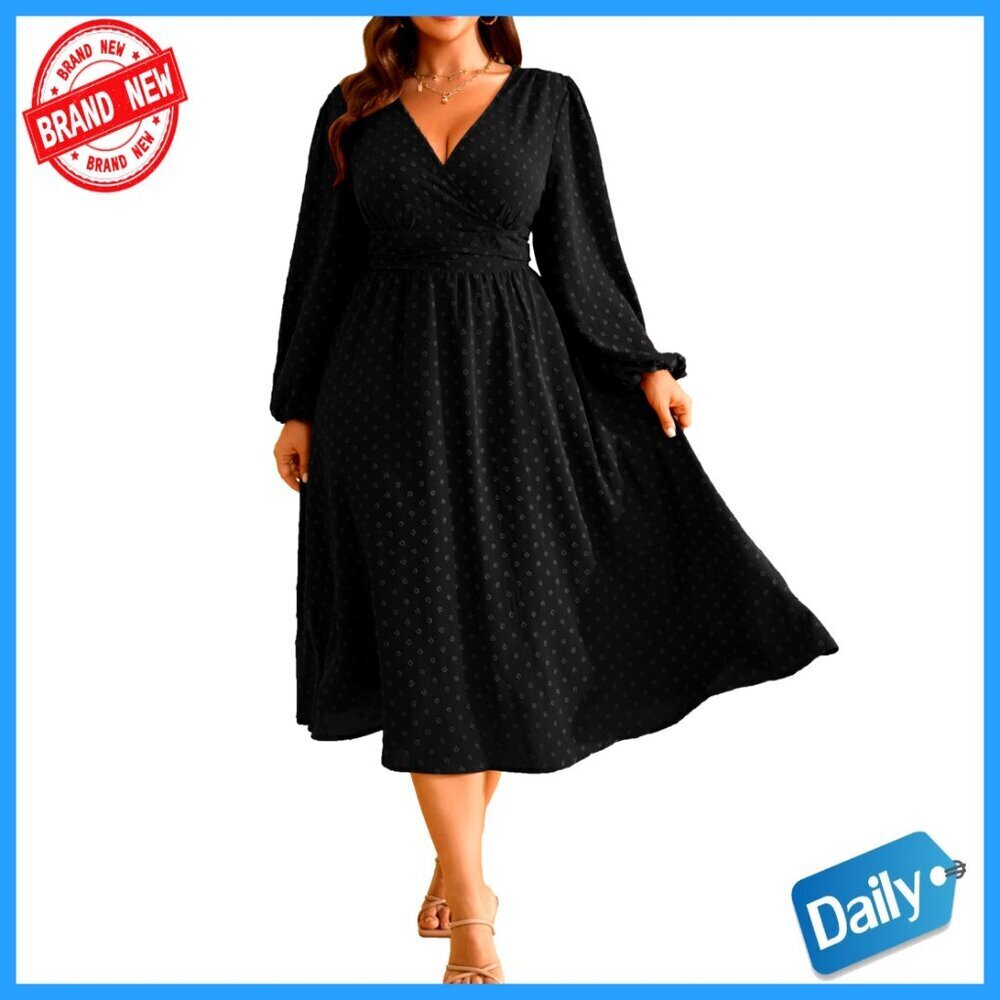 Wrap V Neck Lantern Sleeve Swiss Dot Maxi Dress Boho Swing Wedding Guest